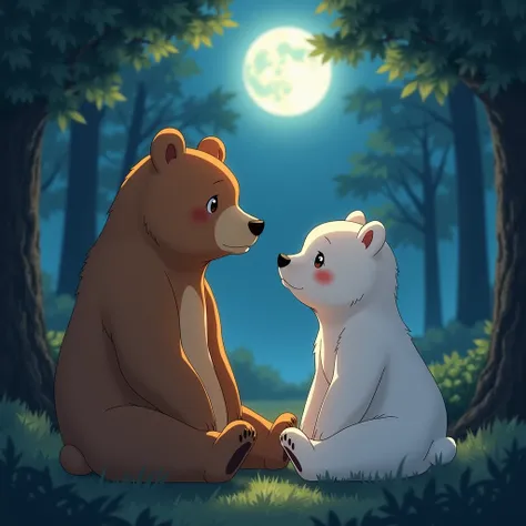 This anime image depicts an enchanting pair of bears, a brown male and a white female, sitting in a magical forest setting. With the gentle moonlight illuminating their fur, it creates a warm and peaceful atmosphere. Their facial expressions are filled wit...