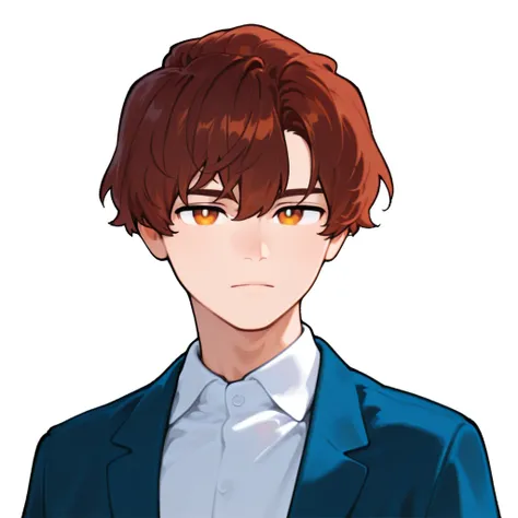 Male, solo, grown up, handsome, red brown hair, a little curly hair with bang, very very short hair, amber eyes, wearing blue school uniform jacket, wearing white shirt inside, looking at viewer, expressionless, upper body