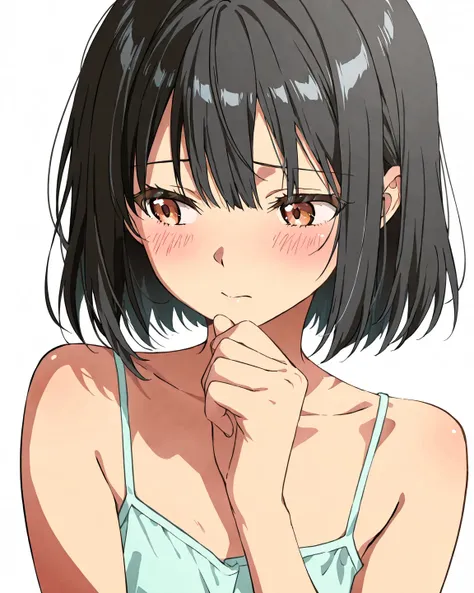 masterpiece, best quality, ultra detailed, high resolution, upper body, 1 girl, solo, short hair, black hair, camisole, blush, white background, 99mix, anime coloring, anime screencap, 