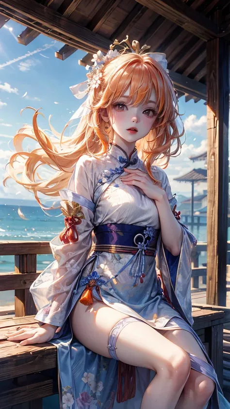 seaside，Wooden villa ， sitting on a wooden board with one hand clasping his legs， Wearing Ancient Blue Silk Sexy Clothing， White Floral Stripe Design ， Waist Ribbon , Chest, long orange hair,Flowing in the wind， delicate cheeks ，Ancient Chinese Woman ，