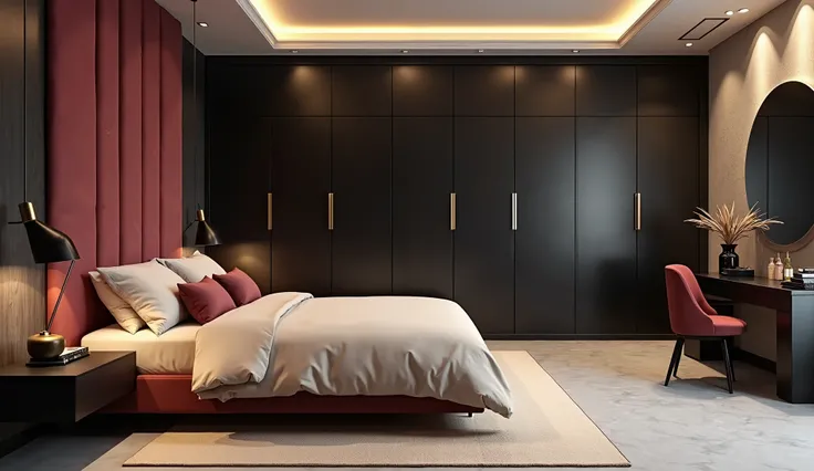 A luxurious guest bedroom in a modern 5-bedroom duplex, designed in a minimalist style. A deep wine-red upholstered bed (#8B3F3E) with a soft beige bedspread (#D1BFB5) creates a relaxing atmosphere. The matte black floating nightstand holds a gold-trimmed ...