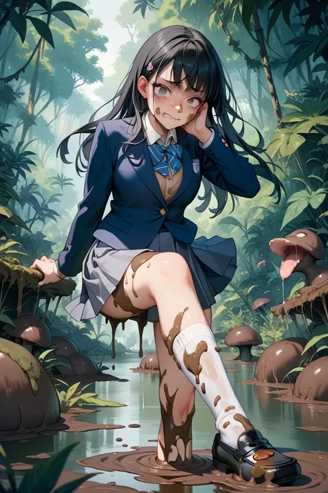  high school girl,( blazer covered in mud:7),(Skirt covered in mud:7),( white socks covered in mud:7),( black loafers covered in mud:7), long black hair,Painful face, Jungle,Swamp, dark eyes, raise one leg