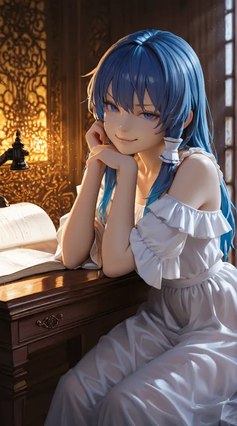 highly detailed, 8k, masterpiece, 1girl, Blue frilled_hair_tubes, dress, bend_over , smirk, (perfect_face), sitting, desk, ornate, intricate, dramatic lighting, 4k, detailed_background, caustics, full_body, (hyperrealistic:1.3), bloom,(beautiful lighting:1...