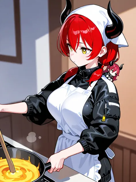 A black horn grows from the right temple ,Red Hair, low position short pigtails on shoulder of the head to the neck,, skinny      , black down jacket,big  breast , yellow eye,idol pose,cooking, apron uniform