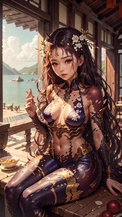 seaside，Wooden villa ， sitting on a wooden board with one hand clasping his legs， Wearing Ancient Blue Silk Sexy Clothing， White Floral Stripe Design ， Waist Ribbon , Chest, long orange hair,Flowing in the wind， delicate cheeks ，Ancient Chinese Woman ，