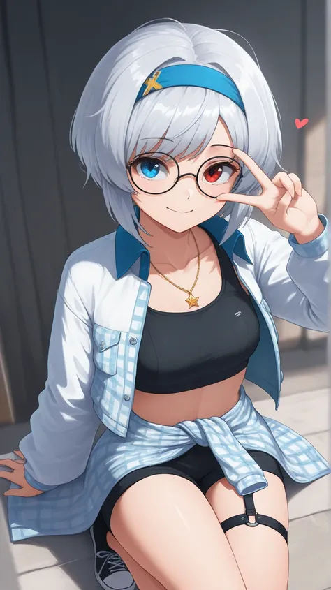 top quality , masterpiece,     748cm style    ,     1 girl,  not bad finger,  heart symbol  ,  v over eye    ,    viewers,  , small smile,     raise your hand, fingertip 、   short hair、silver Hair  blue headband   (Heterochromia iridis),(left eye,Red eyes)...