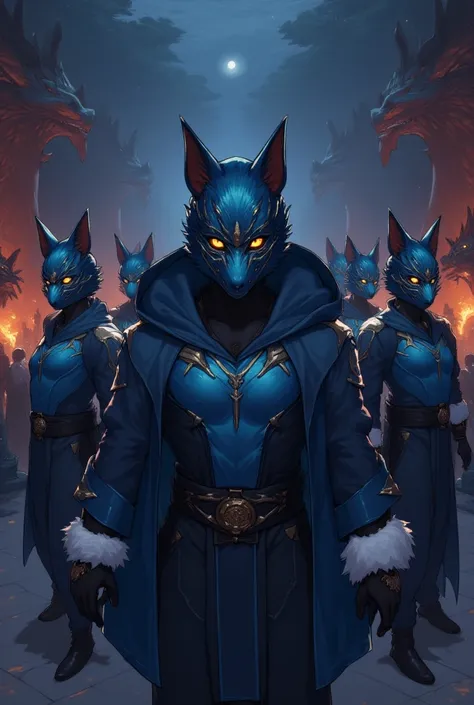 "A group of masked warriors are lined up inside a dark karate dojo,  illuminated only by fiery torches .  Their masks are shaped like a blue wolf ,  with elegant details and glowing eyes .  They wear bluish metallic breastplates ,  dark blue overcoats and ...