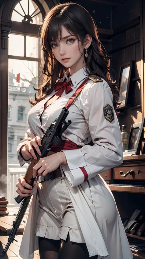  masterpiece,  top quality,  1 girl, cowboy shot,  Delicate Eyes,  military uniform,  And -47, akm,  Kalashnikov_ rifle, assault_ rifle,  holding_gun