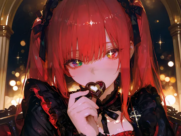 1girl, gothic dress, red and black frills, twin tails, heterochromia, holding chocolate, valentine theme, antique chocolate shop, warm lighting, golden glow, elegant background, baroque style,748cmstyle,luisap,shiny skin, detailed textures, romantic atmosp...