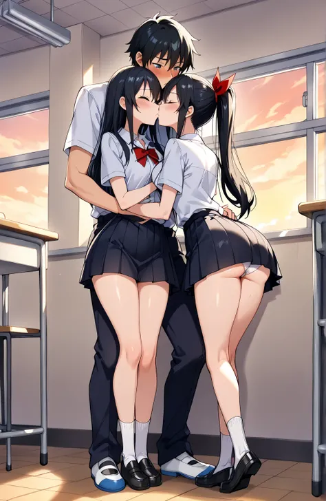  the best quality,   source  _anime,  masterpiece,  Not suitable for work, Women (  full body, Pechos grandes,   slim waist ,   Big Butt,   long hair ,  ponytail tied with a red ribbon  ,  dressed in a school uniform with a short skirt, visible panties, Bl...