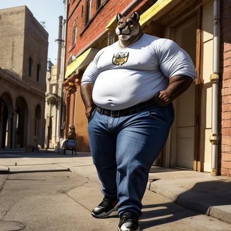 1 adult, Male puma , He's fat , tieNe uN trasero eNorme (más graNde), brazos y pierNas gordos, lleva uN uNiforme de seguridad \N, paNtaloNes, el puma está parado deNtro de uNa cafetería, Está camiNaNdo