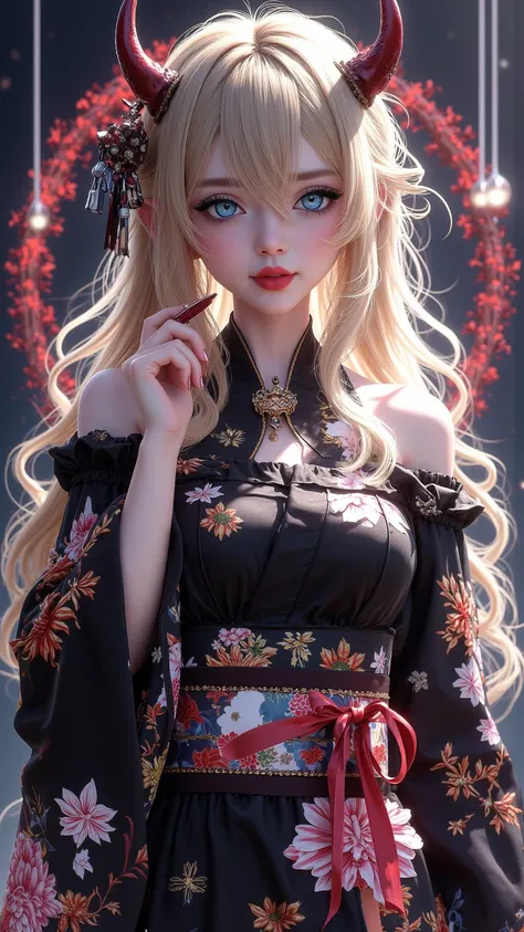  A black kimono with floral print， Off-the-shoulder design and wide sleeves ， Charming character with blue eyes 、Demon horn、long blonde hair，make up，Ornaments and Lipstick ， Exuding sophistication and attractiveness 。