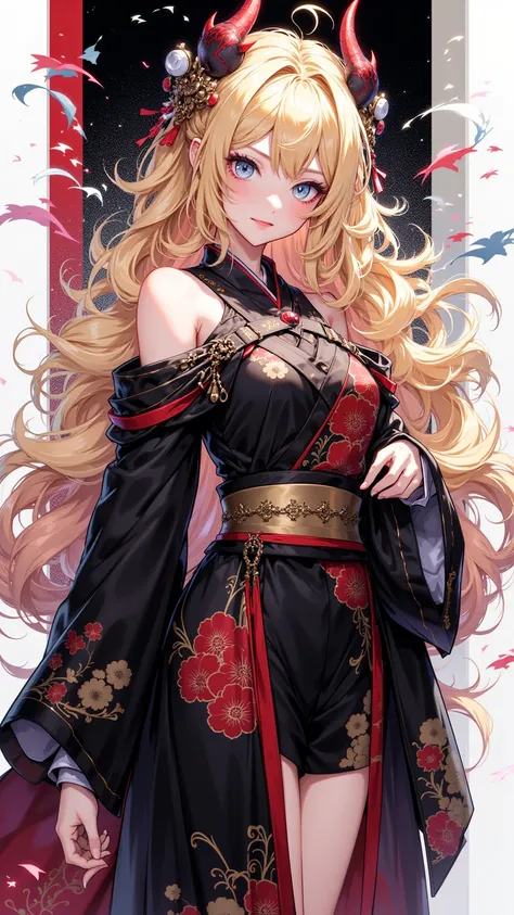  A black kimono with floral print， Off-the-shoulder design and wide sleeves ， Charming character with blue eyes 、Demon horn、long blonde hair，make up，Ornaments and Lipstick ， Exuding sophistication and attractiveness 。