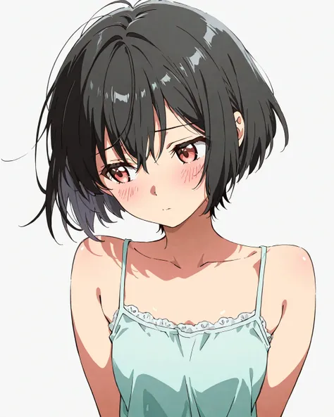 masterpiece, best quality, ultra detailed, high resolution, upper body, 1 girl, solo, short hair, black hair, camisole, blush, white background, 99mix, anime coloring, anime screencap, 