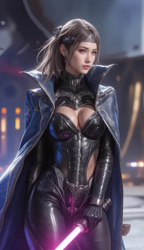 A scene from a George Lucas movie、 masterpiece,   top quality , 4K, Mecha,Samurai in Space ,  Cosmic Space, Lightsaber, Spaceship、planet、Cape,   headband ,  Read more,   long hair,  gray hair,  Big Breasts、 deep cleavage at the tip of the nipple、 cyberpunk...