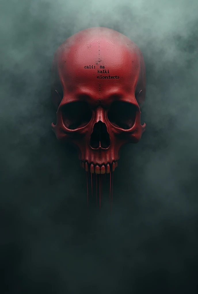 Red skull without lower jaw and dark fog surrounding it with "Kalki Connects" written on it