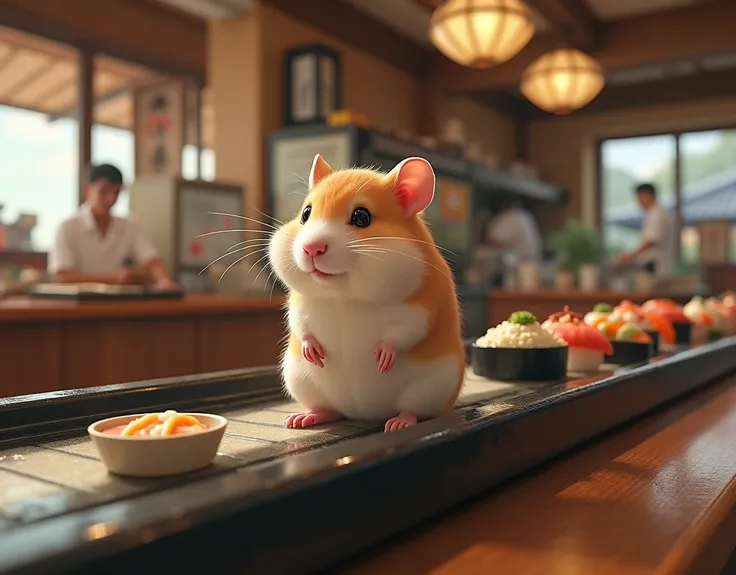 masterpiece, best quality,  photorealistic, realistic, photography, Kaitenzushi with a hamster on it instead of sushi