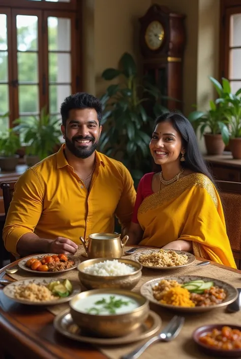 Hyper Real Stick. For this image, the prompt could be:

"A muscular man wearing a mustard yellow shirt sits beside a woman in a bright yellow saree with golden embroidery. They are smiling and sharing a meal at an elegantly set dining table filled with tra...