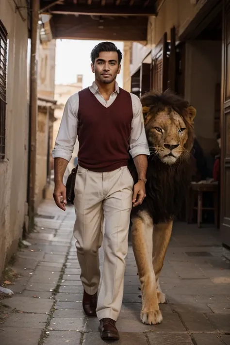 A handsome man walks with a lion gallantly in front of the camera