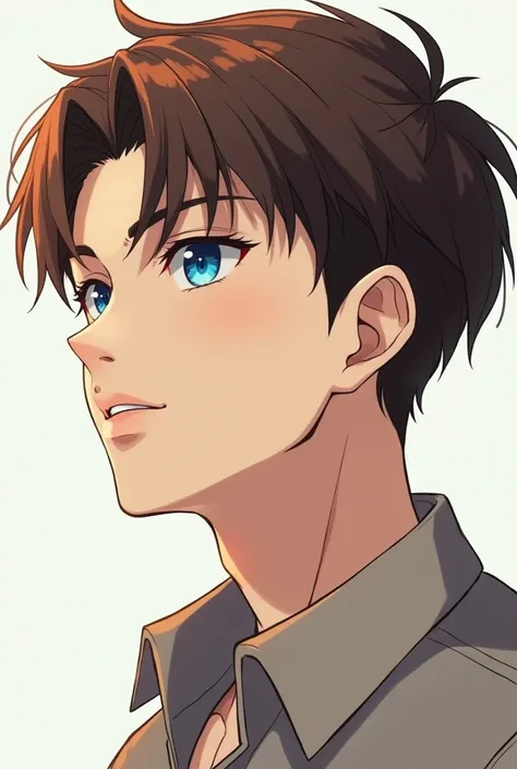 anime male, brown hair, blue eyes, shirt