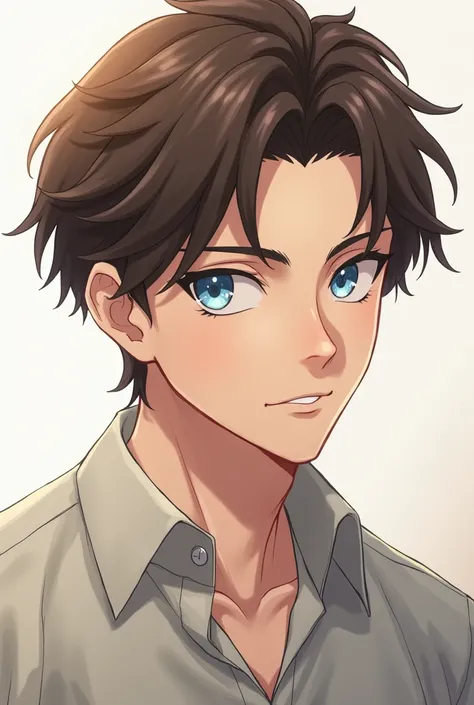 anime male, brown hair, blue eyes, shirt