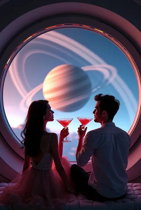 A romantic spaceship window view of Saturn’s rings, with a couple sipping futuristic cocktails.
