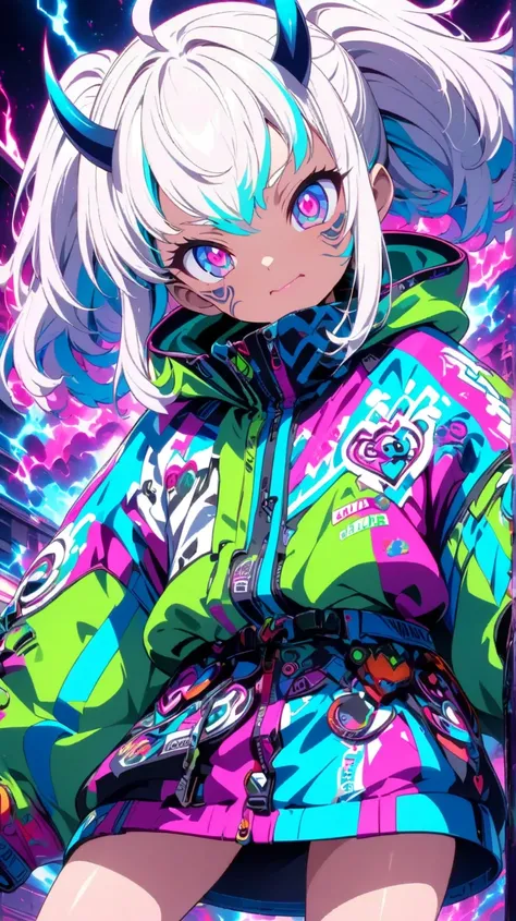 Anime girl (age:1.1), (ethnicity:1.0), (detailed clothing:1.2), (accessories:1.1), (facial features:1.3), (expression:1.2), (body type:1.1), (pose:1.2),  with light-colored hair, wearing a dark blue and neon green jacket, standing centered in the frame, fa...