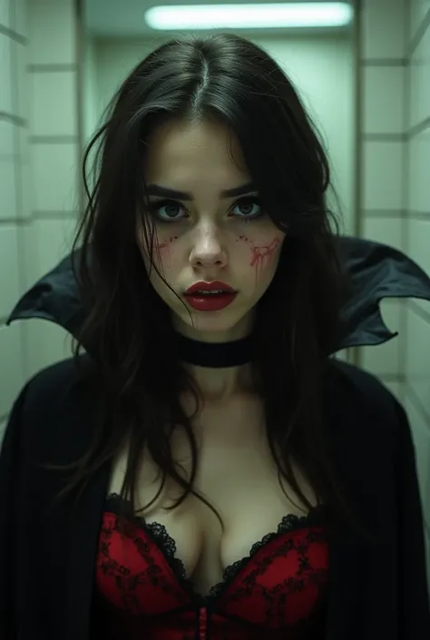 A young woman with a worried face wearing a vampire costume in a public bathroom