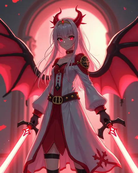 A ANIME ANGELIC DEMON SLAYER GIRL, WEILDING DUAL RED PLASMA SWORDS, WEARING ANGELIC ATTIRE, DEMON HORNS, SPECTRAL TIARA. I PORTAL HOLE IN THE BACKROUND.