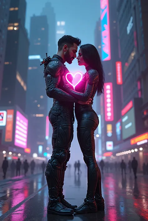 A neon-lit city skyline where a cyber-enhanced couple shares a glowing holographic heart between them.
