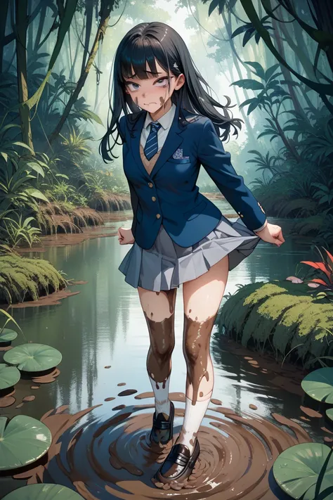  high school girl,( blazer covered in mud:10),(Skirt covered in mud:10),( white socks covered in mud:10),( black loafers covered in mud:10), long black hair,Painful face, Jungle,Swamp, dark eyes, white panties near the bed, Standing, turn back