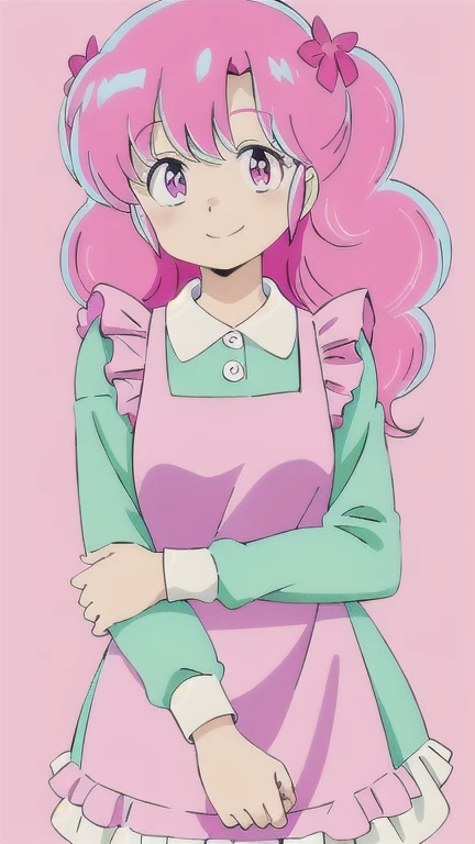 Ran-chan from “Urusei Yatsura”, one person, pink hair color, smiling face, cute frilly apron, white color, pink long-sleeved blouse, white collar, kitchen background.