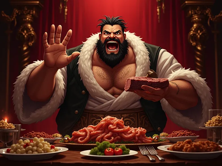 A robust and slightly overweight male anime-style character with a strong build and a beard. He is seated at a grand banquet filled with abundant and opulent food. With one hand, he makes an inviting gesture, while in the other, he holds a large piece of m...