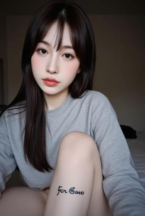 ((Amateur shot a pov of a instagram selfie:1.5))(in camera selfie)(no smartphone )( Fully readable handwriting).she is written “for goro”on her left thigh on bare skin with black marker.no makeup. She has long straight black hair with bangs, her pale skin ...