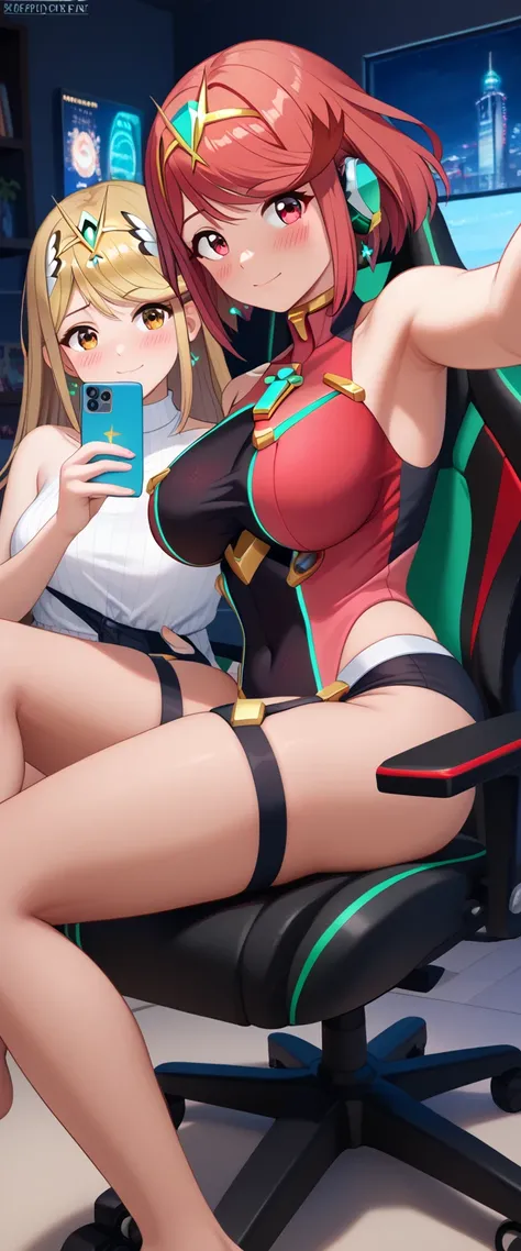 Generate two girls, generate two girls, pyra and Mythra, perfect lighting     ,      beautiful and detailed eyes  , ((     masterpiece,      22 year old Best quality      ))     masterpiece, 4k,      ultra detailed, cosplay de pyra,      of foot, crystalli...