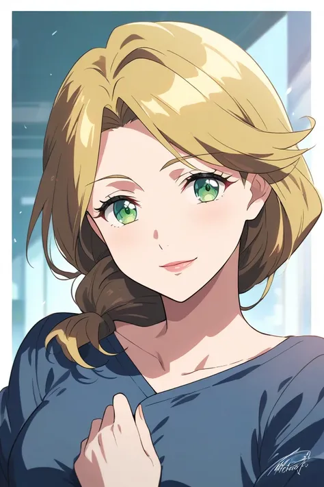 anime mother, short blonde hair, green eyes