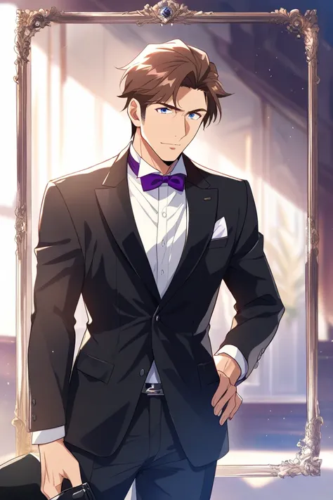 anime adult male, black suit with purple bowtie, brown hair, blue eyes, adult.