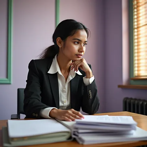 A medium shot of a Sri Lankan woman in business attire sitting on a chair near a table, deep in thought. She has a lot of files spread out on the table. The background is a light purple wall with light green borders and a window with blinds. The overall li...