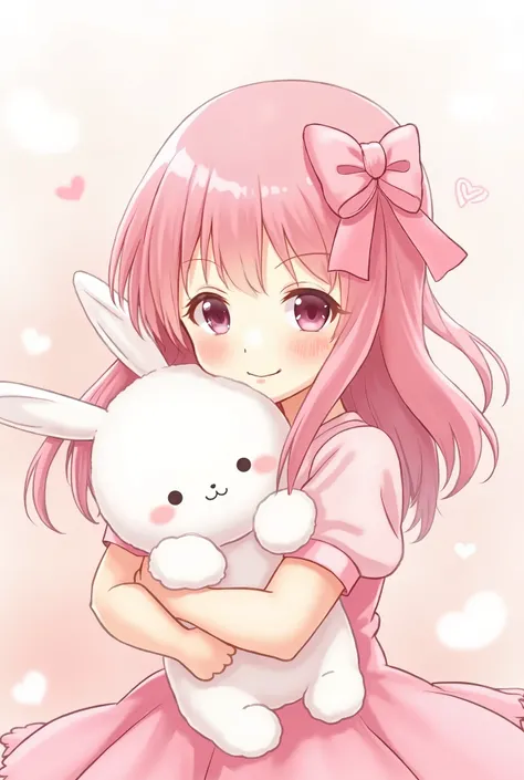 Girl hugging a stuffed rabbit、 cute、Moe、 beautiful girl、 Lolita、anime、 pink clothes、ribbon、 top quality