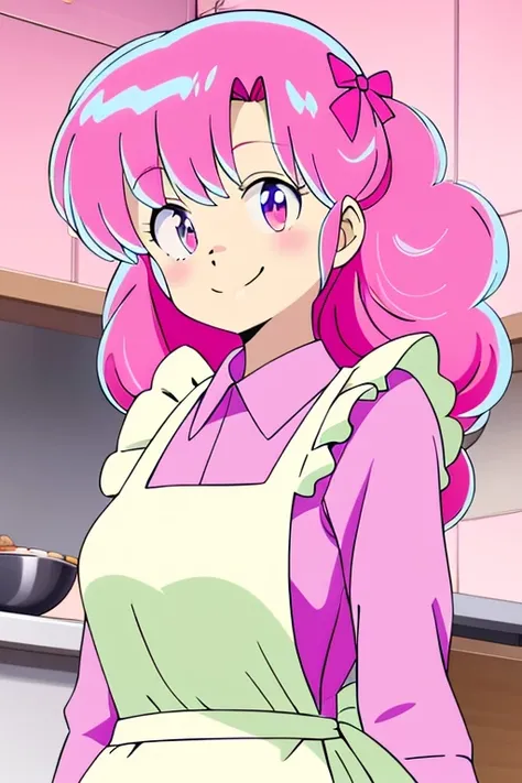 Ran-chan from Urusei Yatsura, only one, pink hair color, smiling, white apron with cute frills, pink blouse, blouse is pink with white collar, background is kitchen.