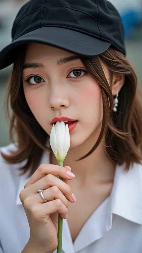 8K RAW photo.Brown
 semi-long hair pulled back.
A tall, young, beautiful Japanese woman with a debauched expression holds a “stemless” white “flower bud” with only the petals in her mouth.
Black cap. Small silver dolphin earrings. Silver ring.