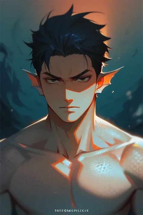 Male character, Humanoid sea monster, Half-human, half sea monster, Fins ears, Scales on skin, Dark hair, Intimidating and dominant, Black eyes, Shirtless; Dark, Eerie, and Psychopathic theme; POV.