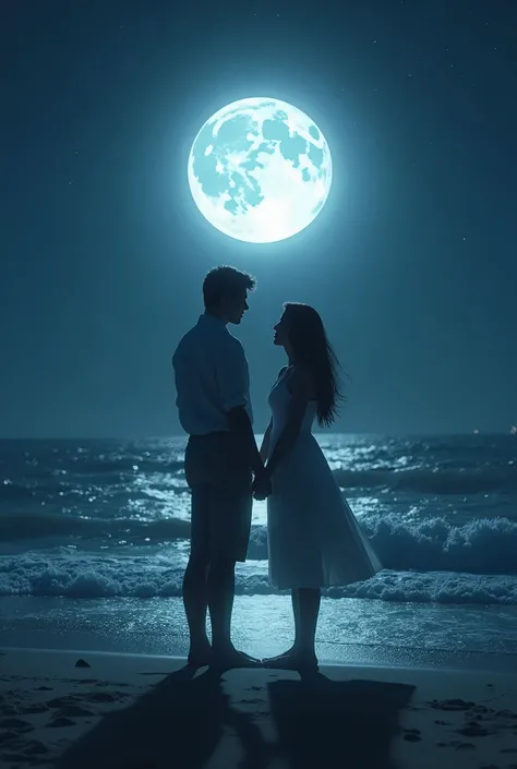 A couple standing under a glowing full moon, holding hands, as soft waves touch their feet on a quiet beach at night.
