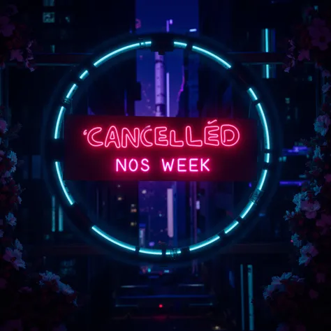  a neon sign that says "CANCELLED THIS WEEK" in a futuristic luminescent space city. High Resolution, Looking at viewer, Masterpiece, Accurate, Anatomically Correct, Award Winning, Best Quality, High Details.