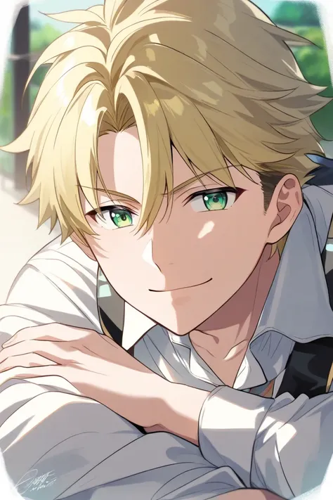 anime male, white shirt, blonde hair, green eyes