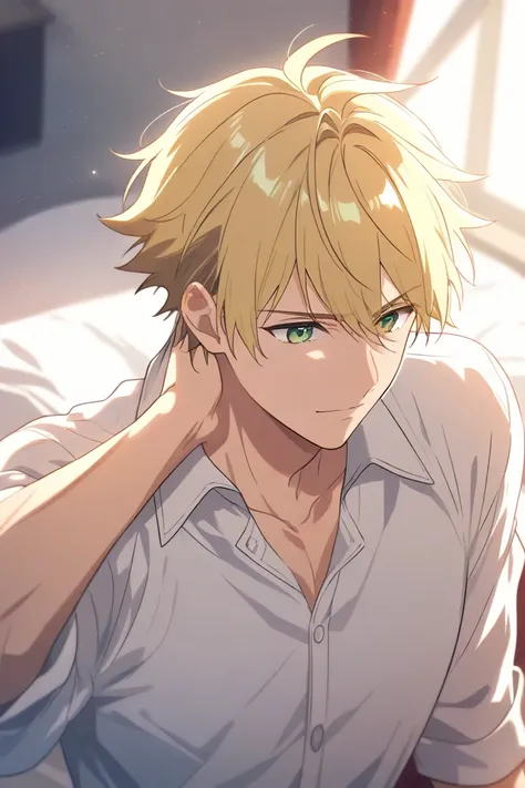 anime male, white shirt, blonde hair, green eyes