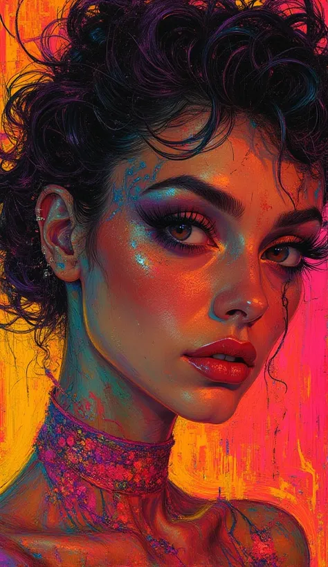 a woman in a colorful neon-lit fashion portrait, beautiful detailed eyes, beautiful detailed lips, long eyelashes, intricate hairstyle, vibrant neon colors, dramatic lighting, high fashion outfit, cinematic composition, photorealistic, 8K, hyper detailed, ...