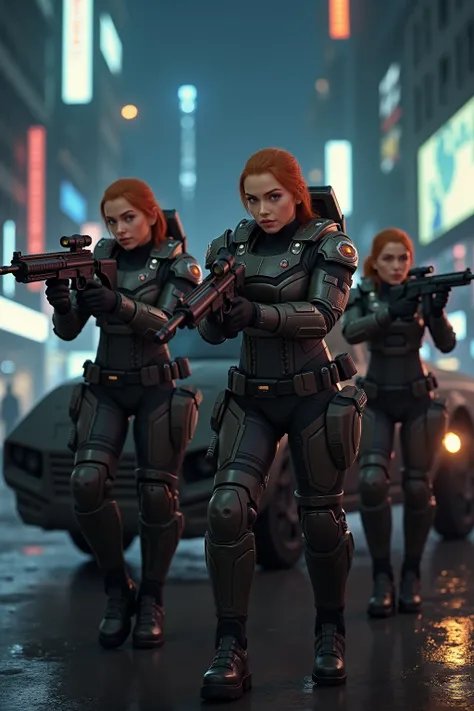 An ultra realistic full body image of a team of four pretty short ginger cleavage women in futuristic armors aiming and firing weapons, military badges, utility belt, two left view, two right view, Background is futuristic dystopian buildings with holograp...