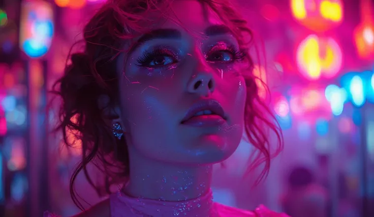 a woman in a colorful neon-lit fashion portrait, beautiful detailed eyes, beautiful detailed lips, long eyelashes, intricate hairstyle, vibrant neon colors, dramatic lighting, high fashion outfit, cinematic composition, photorealistic, 8K, hyper detailed, ...