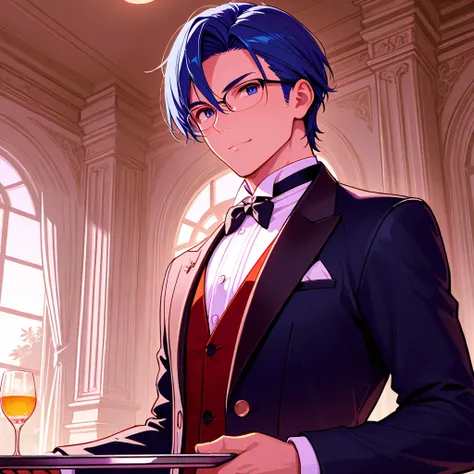 8k, Masterpiece, best quality, ultra detailed, high resolution, super fine illustration, 1boy,butler, glasses, blue hair, holding tray, elegant, detailed gest room background,